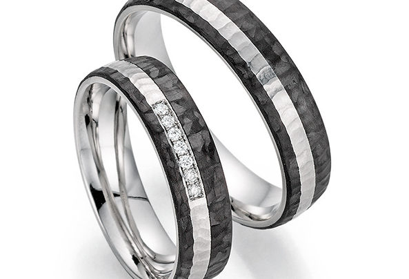 Silver wedding rings with a black stripe